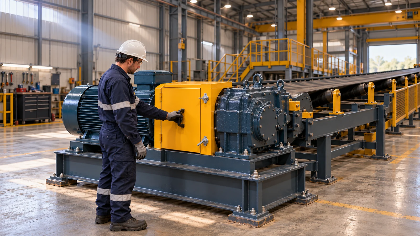 A technician beside the full motor, amber guard, reducer and conveyor in a training bay.
