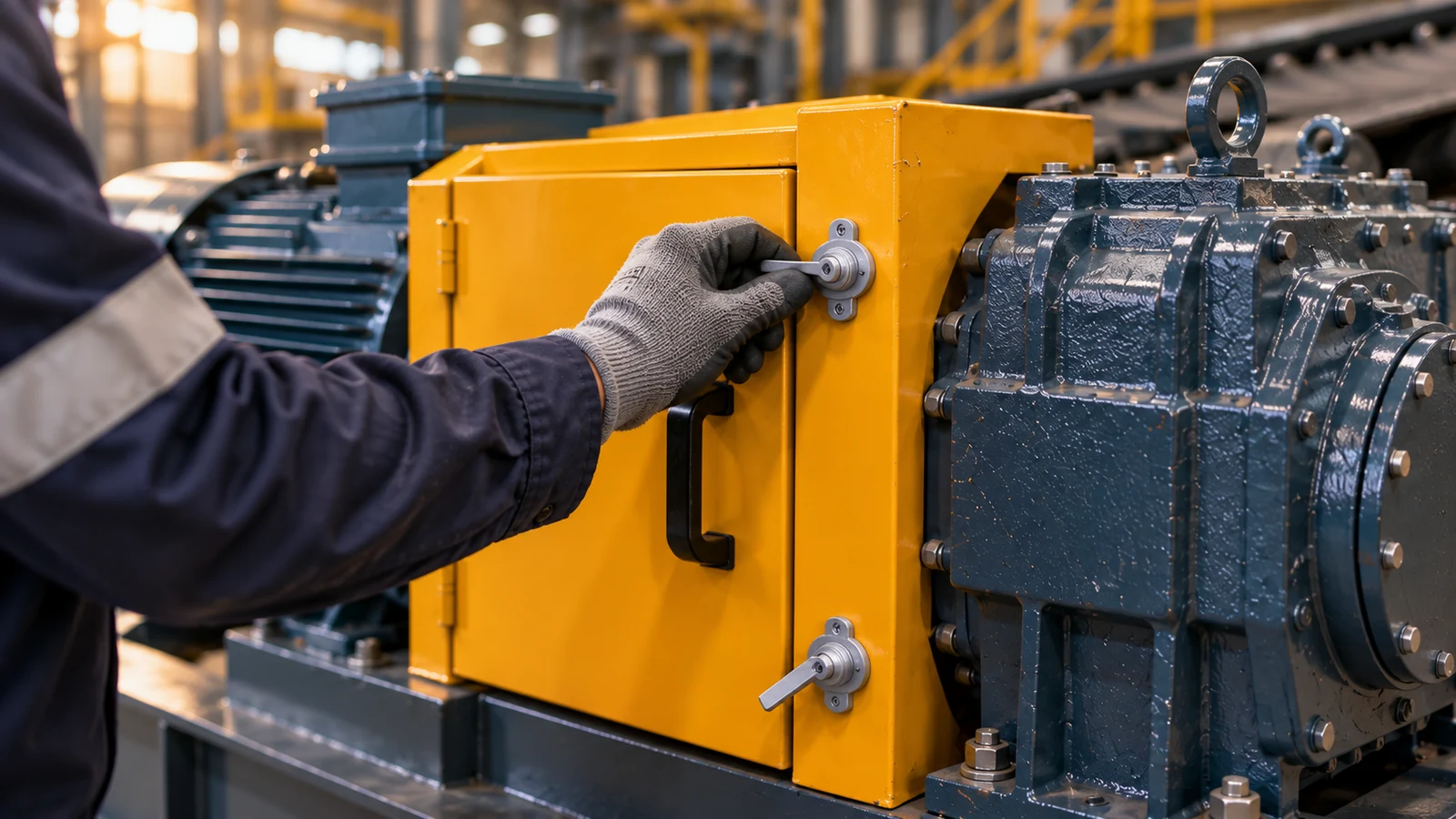 Gloved hand engages upper securing cam A on the closed amber guard; lower B remains visible below.