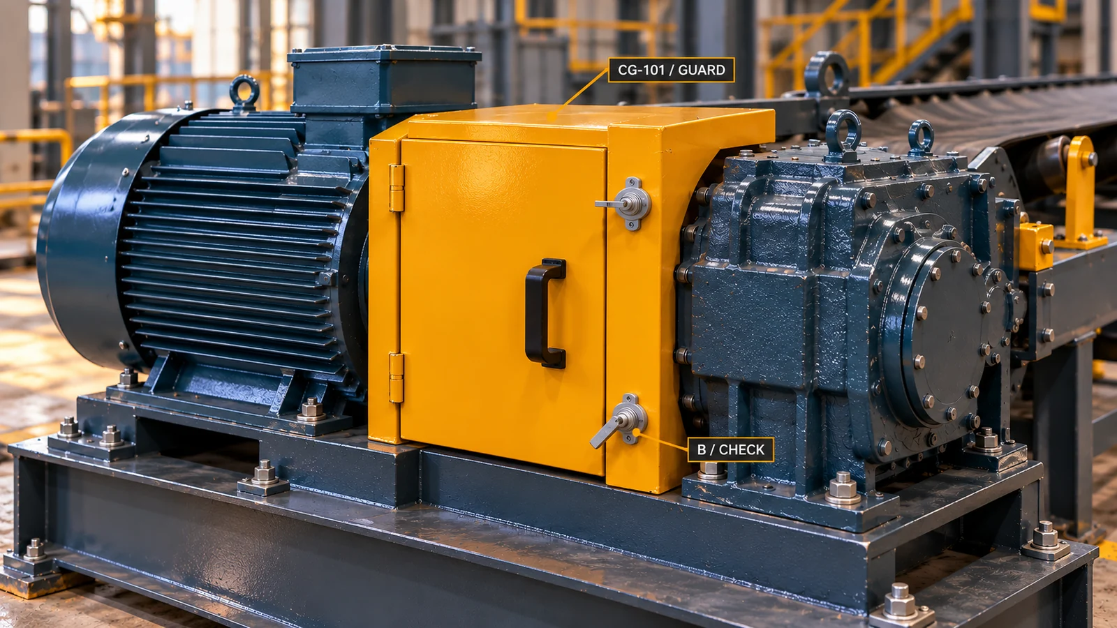 Bright realistic CV-101 drive assembly: navy motor, solid amber coupling guard CG101, two securing cams and navy reducer. B is labelled for inspection.
