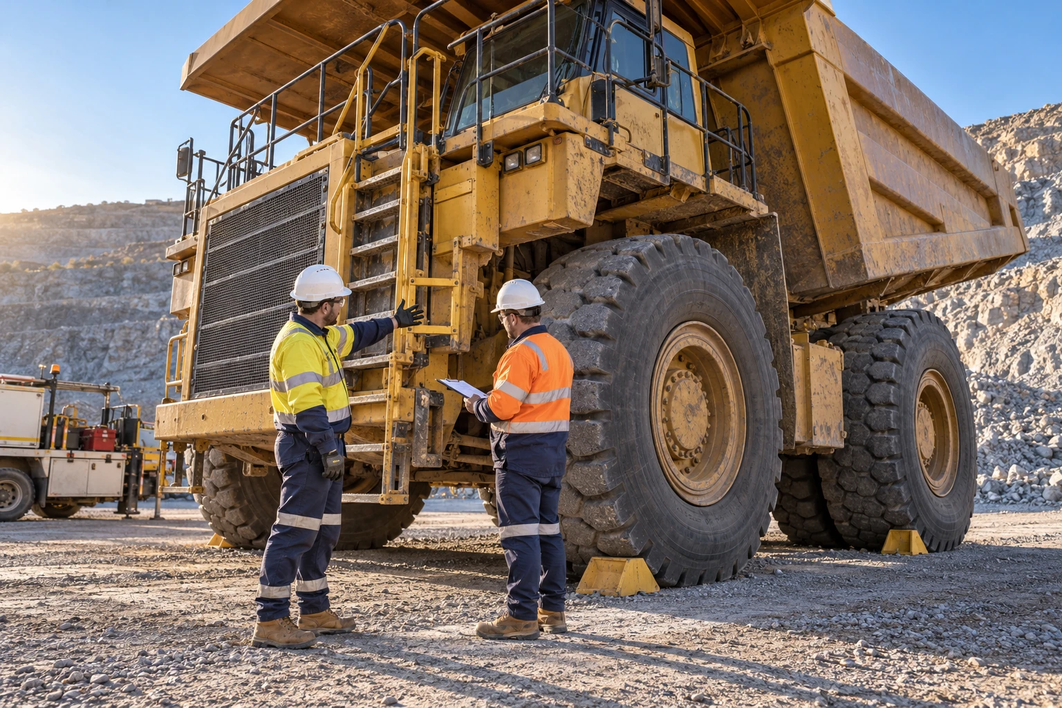 Two workers on the ground discuss a parked haul truck access ladder while one records the handover on a clipboard.