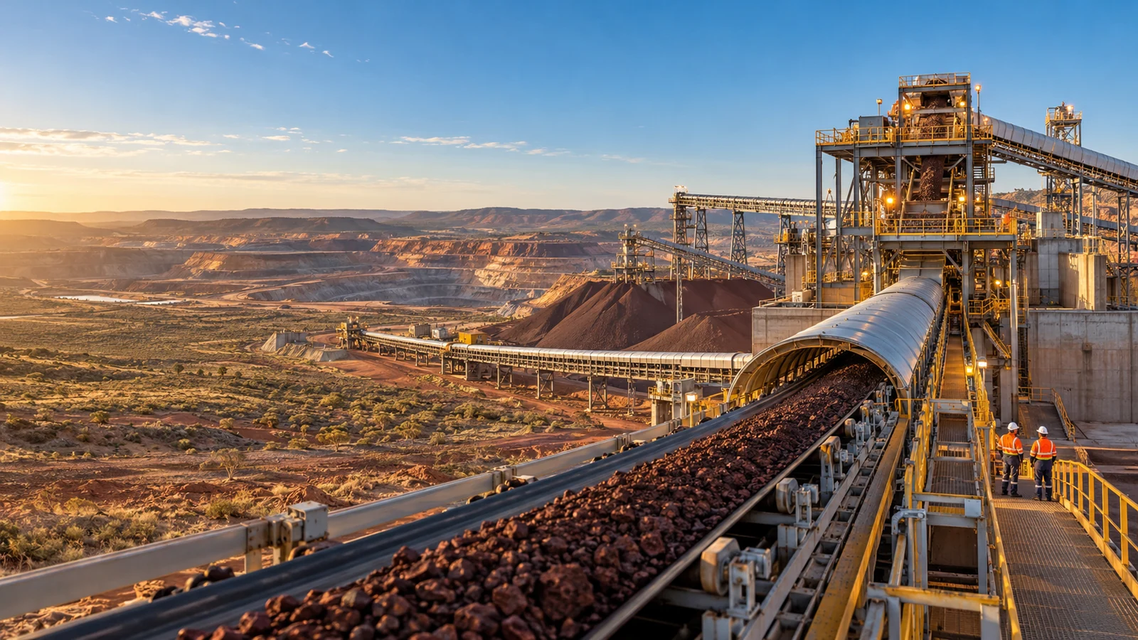 Ore conveyors lead through a sunlit fixed-plant processing operation beside an open-pit mine.